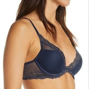 New! NATORI Feathers Contour Plunge Bra Deep Navy Blue Graphite